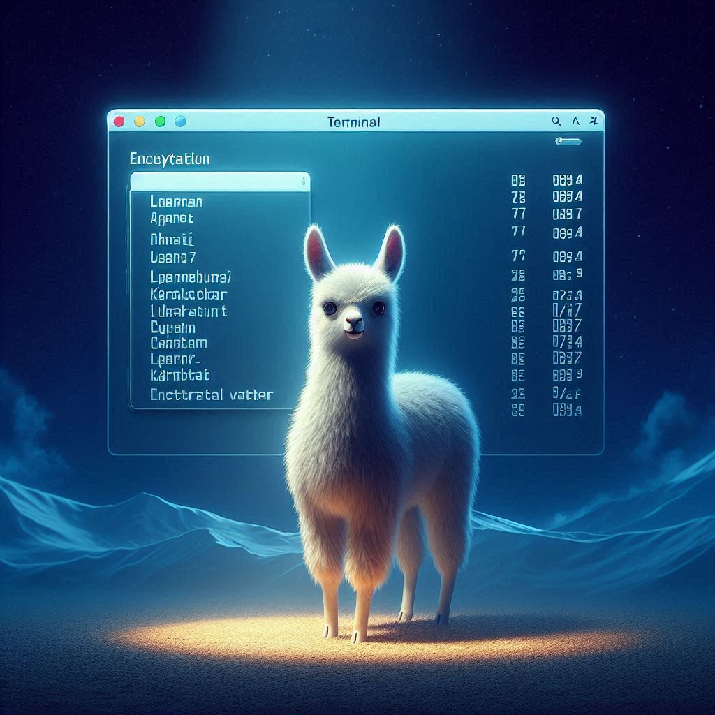Llama standing in front of a blue interface